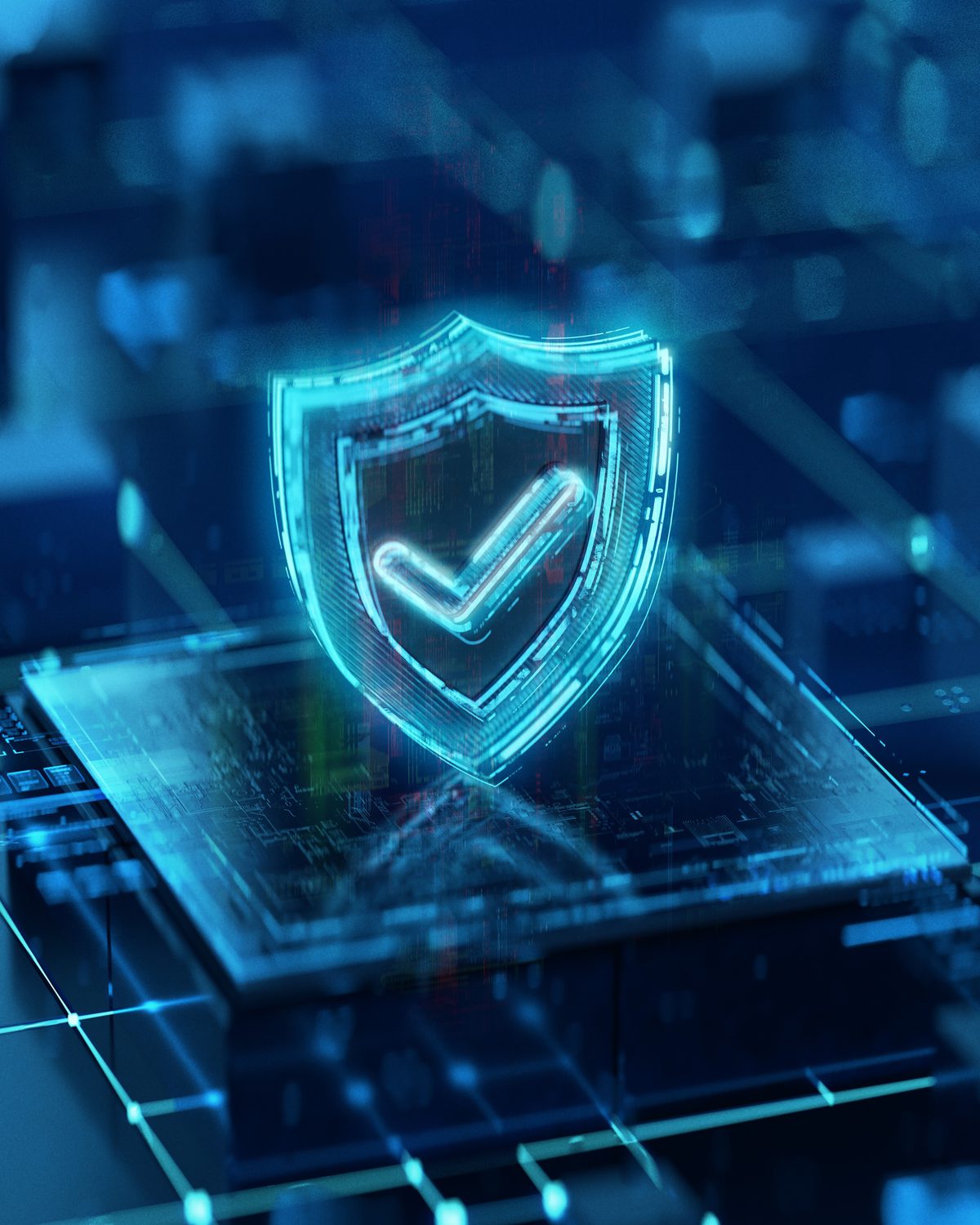 A blue glowing shield with a checkmark hovers above a detailed digital circuit board representing keeping yourself and information safe.