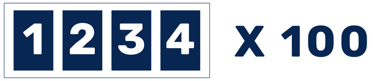 Digital-style natural gas meter display showing the numbers "1 2 3 4" in white on dark blue background tiles, followed by "× 100" in large dark blue text.