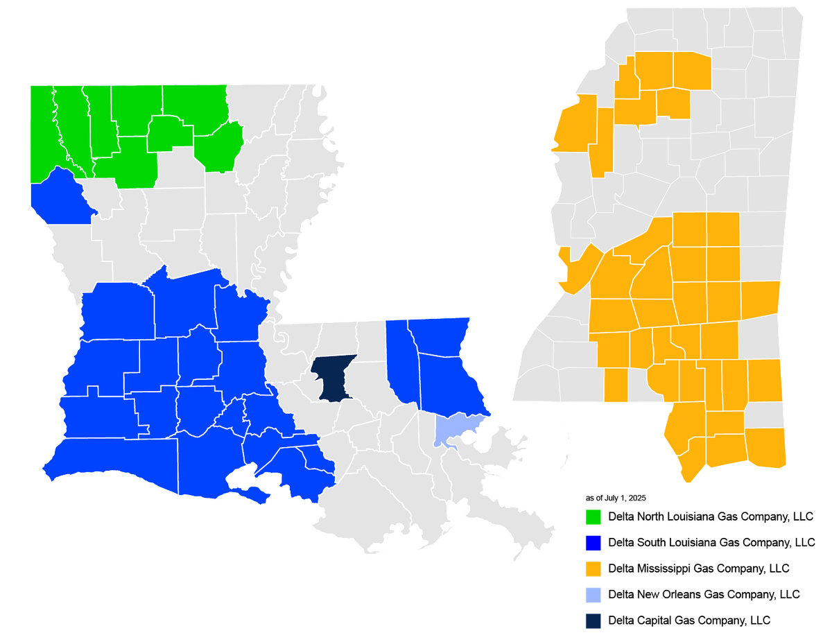 Map showing Delta Utilities service territories across Louisiana and Mississippi, with counties and parishes color-coded. In Louisiana, Delta Utilities Capital is highlighted in navy blue as East Baton Rouge Parish, and Delta Capital New Orleans is highlighted in light blue as Orleans Parish. Delta Utilities North Louisiana service areas are shown in green and include Caddo, Bossier, Webster, Claiborne, Bienville, Lincoln, Union, Ouachita, and DeSoto Parishes. Delta Utilities South Louisiana service areas are shown in royal blue and include Acadia, Allen, Avoyelles, Beauregard, Calcasieu, Cameron, East Baton Rouge, Evangeline, Iberia, Jefferson Davis, Lafayette, Orleans, Rapides, St. Landry, St. Martin, St. Mary, St. Tammany, Tangipahoa, Vermilion, Vernon, and Washington Parishes. In Mississippi, Delta Utilities Mississippi service territory is shown in orange and includes the following counties: Bolivar, Clarke, Copiah, Covington, Forrest, Greene, Hancock, Harrison, Hinds, Jackson, Jasper, Jefferson Davis, Jones, Lafayette, Lamar, Lawrence, Leake, Lincoln, Madison, Marion, Neshoba, Newton, Panola, Pearl River, Perry, Pike, Quitman, Rankin, Scott, Simpson, Smith, Stone, Sunflower, Tallahatchie, Warren, and Yalobusha. Gray areas indicate locations outside Delta Utilities service areas.