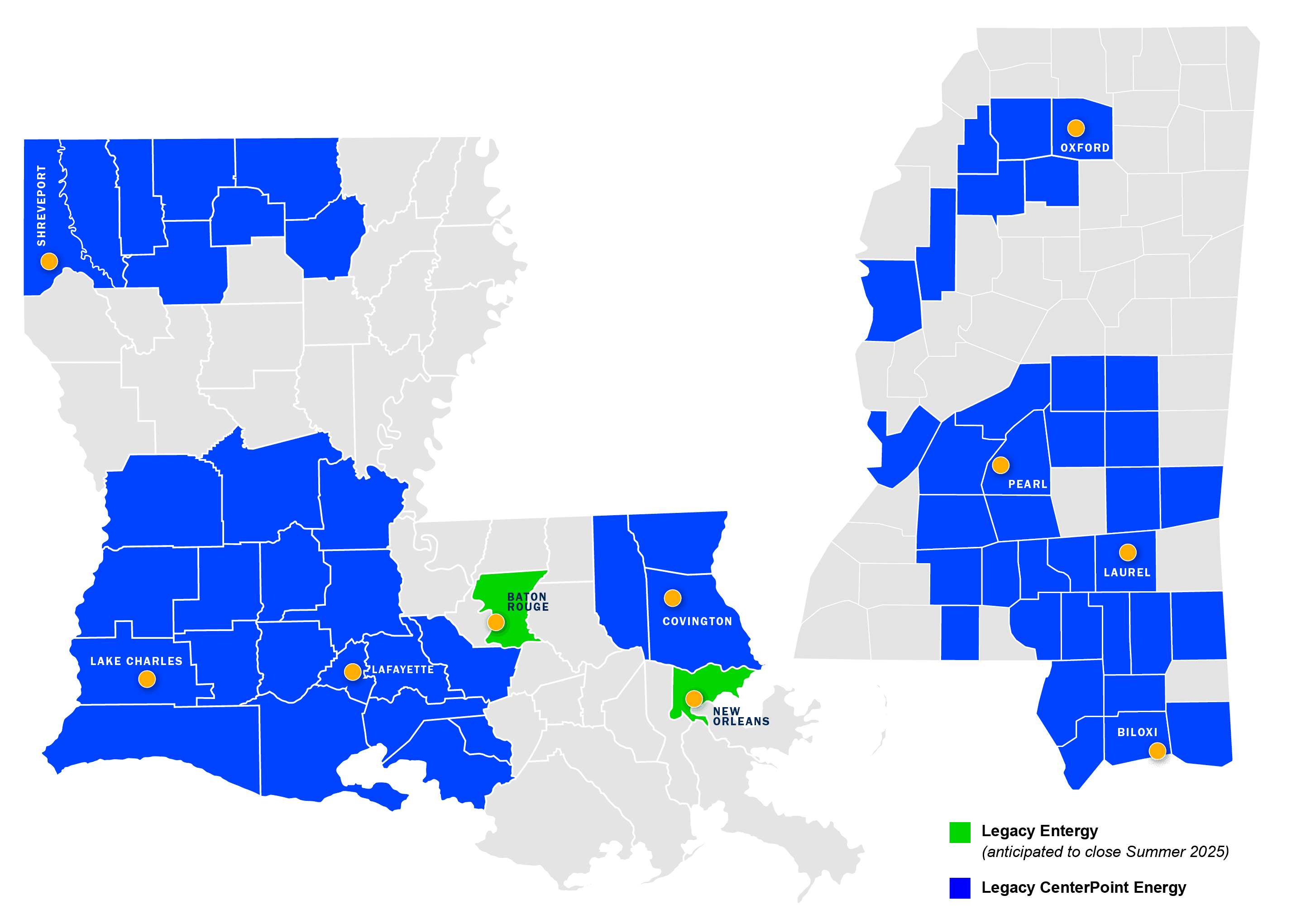 Delta Utilities Service Territory Map for Louisiana and Mississippi. Areas highlighted blue are serviced by Delta Utilities, and areas highlighted green are serviced by Entergy Baton Rouge and Entergy New Orleans until the sale is complete in summer 2025.