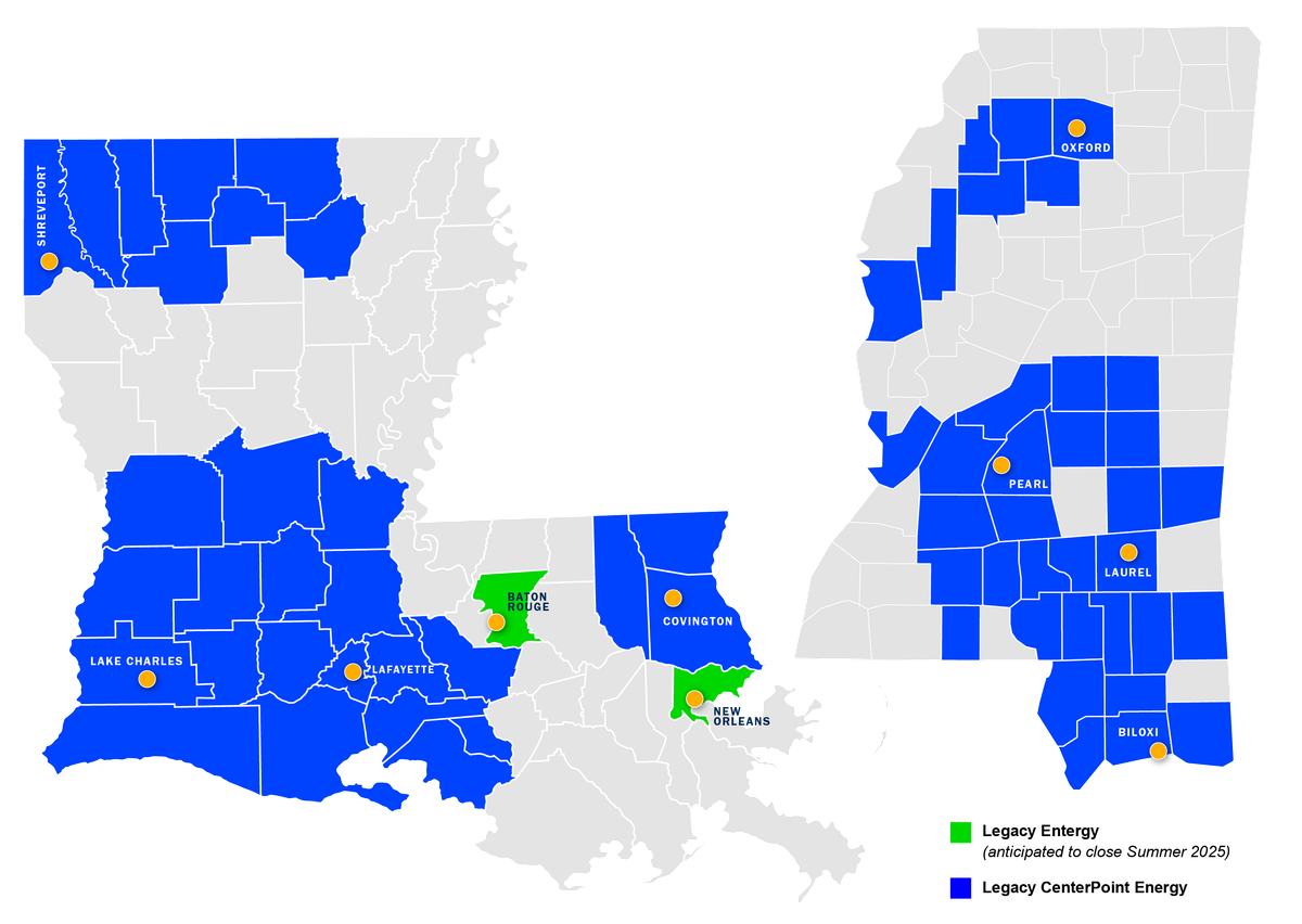 Delta Utilities Service Territory Map for Louisiana and Mississippi as of April 1, 2025. Areas highlighted blue are serviced by Delta Utilities, and areas highlighted green are serviced by Entergy Baton Rouge and Entergy New Orleans until the sale is complete in summer 2025.