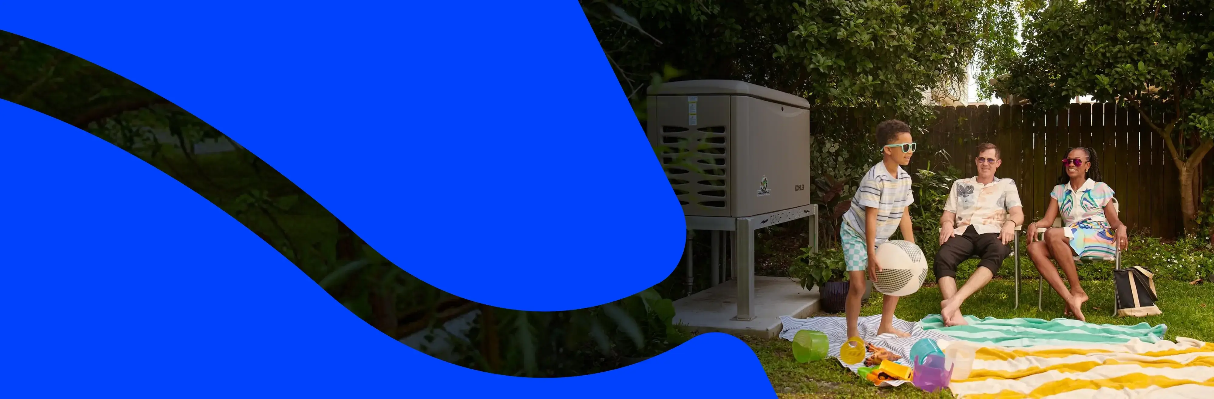 Family relaxing outdoors near a natural gas powered generator in the backyard overlayed with a royal blue Delta Utilities logo.